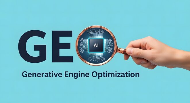 Generative engine optimization geo acronym with magnifying glass focusing on artificial intelligence microprocessor chip on blue background.