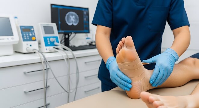Professional physical therapist applying medical bandage to patient foot in clinic with diagnostic monitors showing brain scans background.