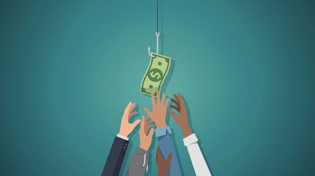Concept Many hands grasping for a dollar bill bait on a hook, symbolizing the risky pursuit of wealth and financial temptation