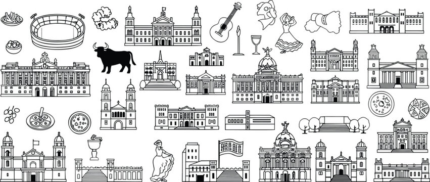 Comprehensive collection of Spain landmarks, culture, architecture, and traditional food icons for travel, tourism, and European exploration design.