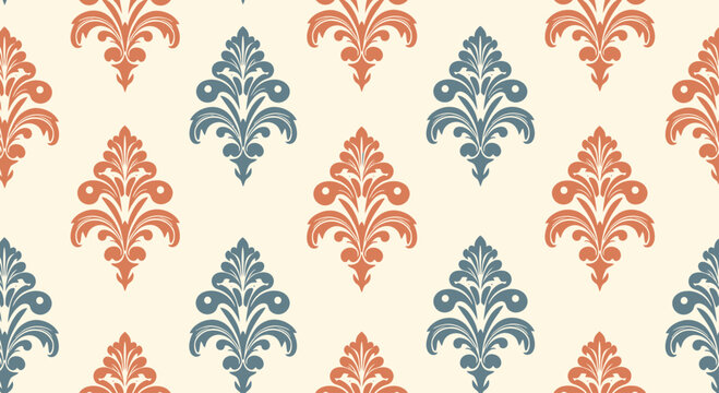 Repeating damask pattern with alternating orange and blue floral motifs on cream