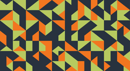 A geometric pattern with triangles, squares, and irregular shapes in dark blue, green, and orange © Sendal