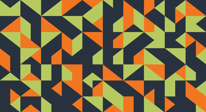 A geometric pattern with triangles, squares, and irregular shapes in dark blue, green, and orange