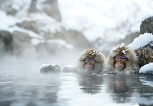 Snow Monkeys Bathing in Hot Spring with Steam