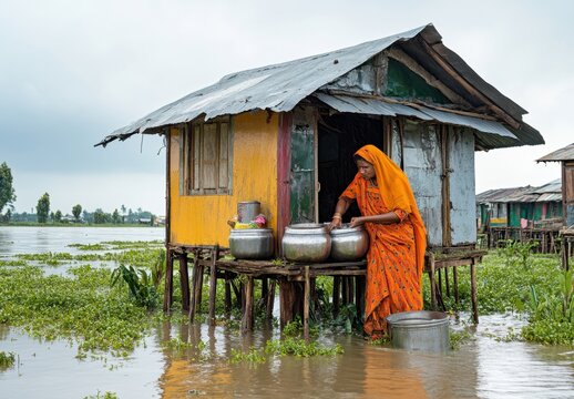 Woman in Orange Sari at Stilt House, Khulna Bangladesh