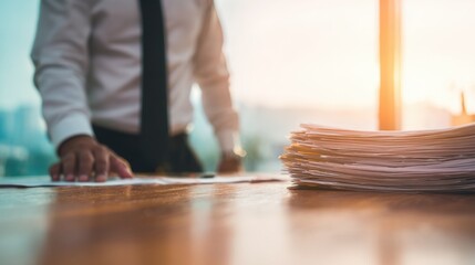 Obraz premium Businessman at work examining documents during sunset