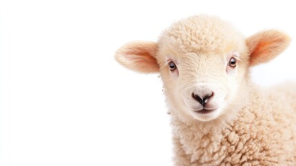 Fototapeta premium Lamb's Gentle Gaze: A close-up view of an adorable lamb. its soft, fluffy coat. The lamb's innocent expression and the gentle light enhance the tender atmosphere.
