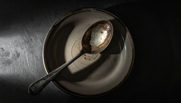 A bent and discolored metal spoon rests in a well-worn dish, evoking a sense of past meals and rustic kitchen life