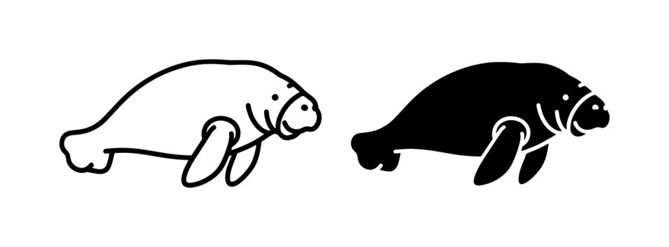 Manatee Icons, Marine Mammal Vector Art, Simple Sea Cow Silhouette, Aquatic Animal Graphics, Gentle Giant Outline, Black and White Duo