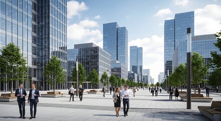 Obraz premium A group of business professionals walking in a modern city square with sleek glass skyscrapers and green trees on a sunny day
