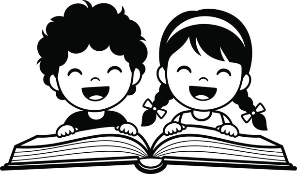 A black and white illustration of two happy children reading a book together