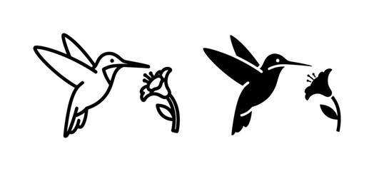 Hummingbird and Flower Icons, Vector Silhouettes for Nature and Wildlife Designs, Black and White Line Art and Solid Fill Graphics © Sojib