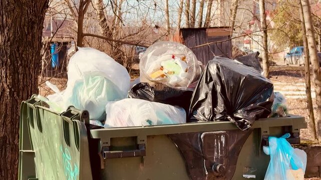 Overflowing green dumpster on sidewalk, piled with blue plastic bags and black sacks, rust streaked metal container marked.