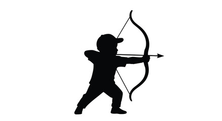 Fototapeta premium Young archer draws a bow poised for action in stark contrast silhouette