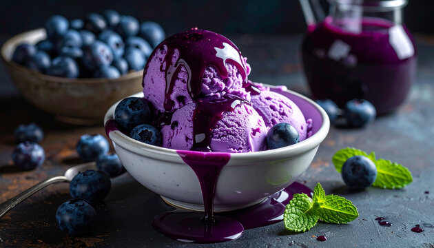 Blueberry ice cream dessert with fresh blueberries in a bowl, creamy cold gelato close-up, sweet frozen berry dessert in glass bowl