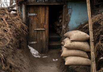 Obraz premium Rustic Wooden Door with Sandbags at Underground Bunker Entrance