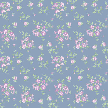 Delicate pink roses and green leaves in a repeating pattern on a soft blue background