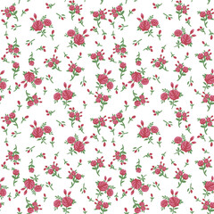 Delicate rose floral pattern on white background with small buds and leaves for fabric design © Creativezone