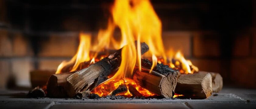 Cozy Hearthside: Capturing the inviting warmth of a roaring fire, this image showcases flames dancing atop a stack of firewood in a brick fireplace, evoking feelings of comfort, relaxation.