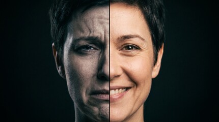 Obraz premium Close up of split face showing smile and despair expressions