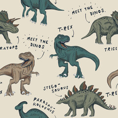 Hand drawn dinosaurs in a repeating pattern with educational labels on a beige background © Creativezone