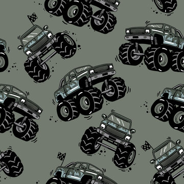 Monster truck driving over rough terrain with checkered flag during off-road event cartoon style