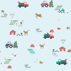 Obraz premium Farm animals and vehicles in a whimsical countryside pattern with a light blue background