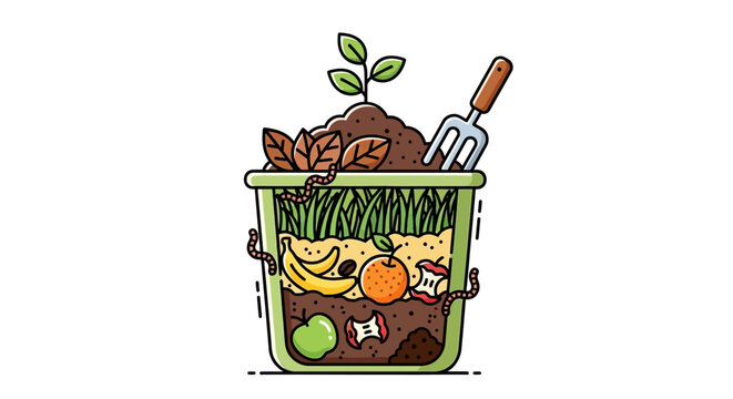 Illustration of Compost Bin with Organic Waste and Plant Growth