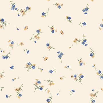 Delicate blue and yellow wildflowers scattered across a soft cream background in a charming ditsy floral pattern