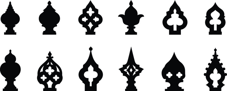 Collection of ornate thai architectural finials in black