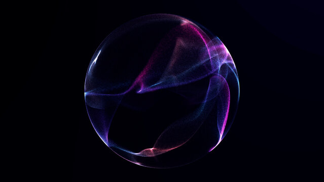 Abstract glowing particle sphere with noise texture and soft plasma motion, futuristic digital orb with grainy light waves and deep dark background, seamless loop 4K