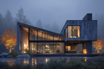 Obraz premium Modern house exterior at dusk with large glass windows and warm interior lighting, surrounded by autumn trees and misty forest, reflecting on calm water surface