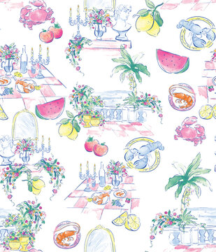 Summer picnic pattern with seafood and fruit in a watercolor style