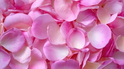 Obraz premium Pink rose petals spread across a surface, creating a soft and natural look at a flower arrangement event in a garden setting during the afternoon