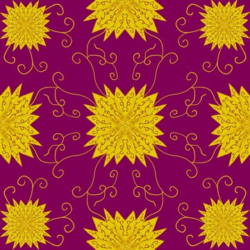 Gold mandala floral seamless pattern on dark purple. Symmetrical ornament background