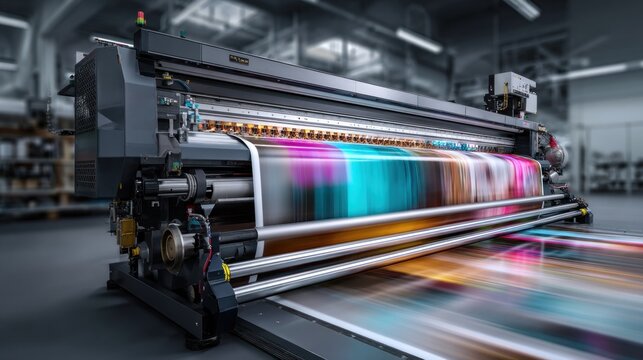 A large digital printer in a printing facility uses vibrant ink to create colorful designs on paper during a busy workday