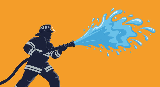 Illustration of a firefighter silhouette spraying water from a hose on an orange background