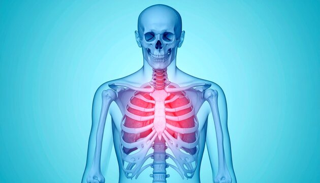 "Depict a digital anatomical illustration of the human ribcage and sternum highlighted in red, symbolizing chest anatomy, protection of vital organs, and medical study."