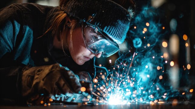 In a bustling workshop during the evening hours, a skilled welder diligently works on a metal project, sparks flying all around, as they wear protective gear for safety