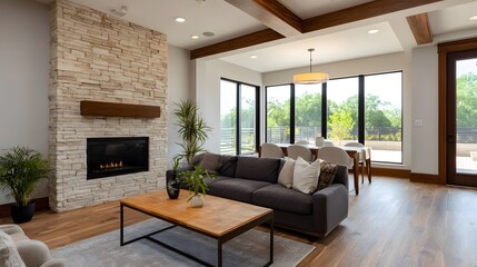 Naklejka premium Bright modern open plan living area featuring natural stone accents and large overlooking a serene outdoor view