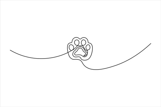 Minimalist one-line art of a cute, rounded dog paw. Features soft edges and continuous lines, perfect for friendly pet branding and nursery decor.