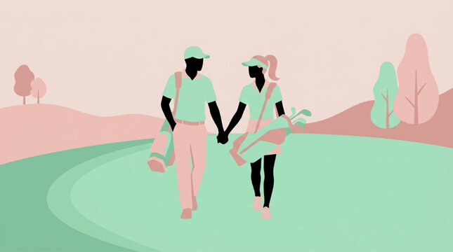 Minimalist illustration of a couple walking on a golf course