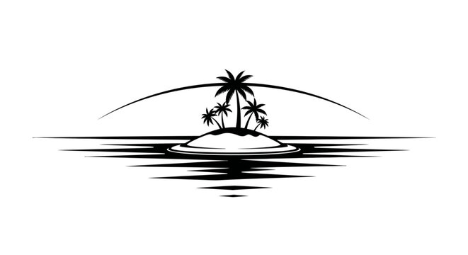 Tropical island with palm trees at sunset or sunrise, stylized illustration