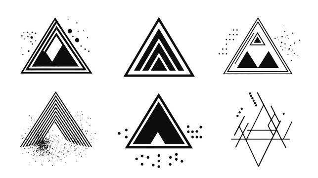 Six geometric designs with triangles, lines, dots. Black and white minimalist abstract art