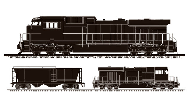 Silhouetted illustration of a train with locomotive, hopper car, and caboose on tracks