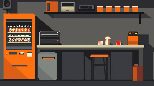 Illustration of a minimalist concession stand, with a popcorn machine, dispenser, and snacks