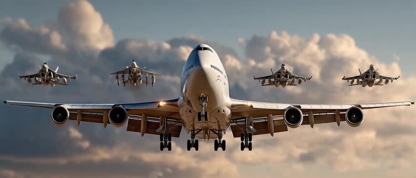 Aerial Alliance: A majestic passenger plane takes center stage, escorted by a squadron of fighter jets against a breathtaking sky filled with clouds, embodying power and precision.