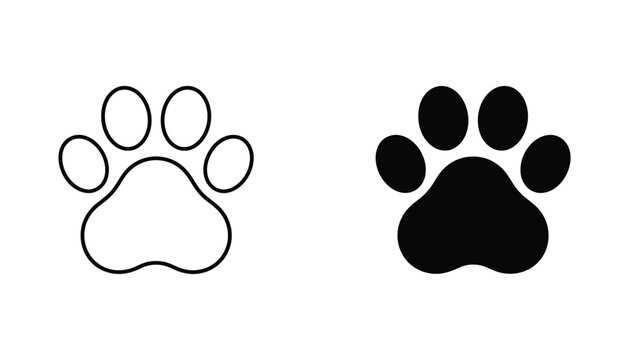 Animal paw print icon set for pet care and veterinary services in minimalist linear and solid black glyph design isolated on white background for professional web and marketing graphic materials