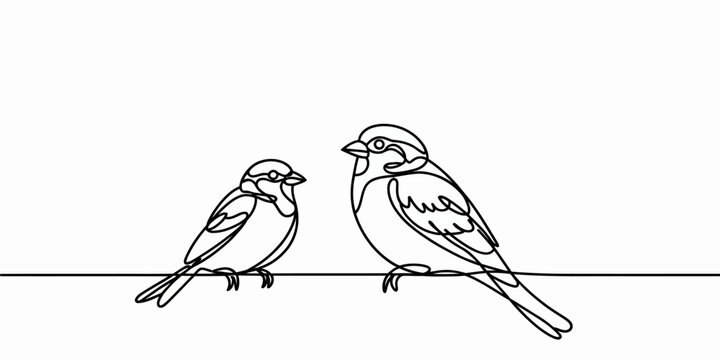 Two sparrows perched on a thin line bird line drawing