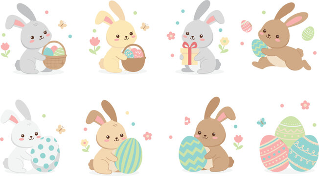 Vector illustration of cute Easter bunnies with decorated eggs, flowers and spring celebration design